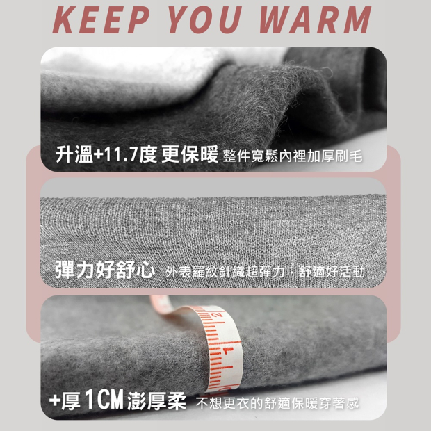 保暖刷毛布料機能說明－升溫+11.7度、彈力舒適、加厚約1cm