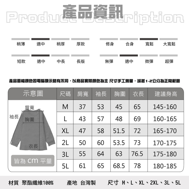 商品尺寸表與量測方式說明圖，包含各尺碼胸寬、衣長等對照資訊