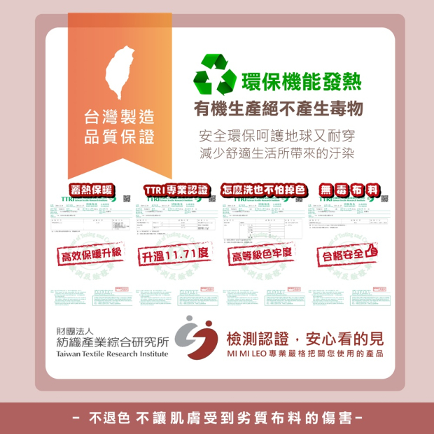 台灣製造與機能/檢驗資訊圖，說明保暖刷毛材質與品質訴求
