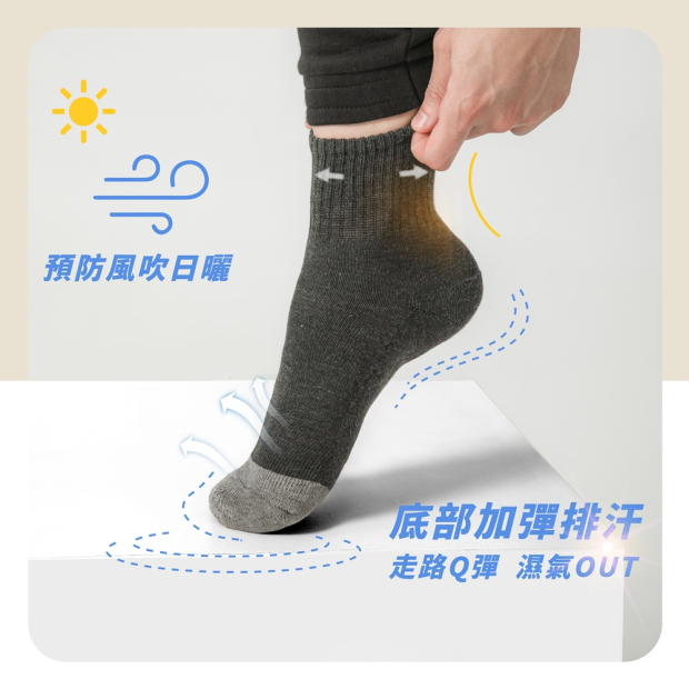 MI MI LEO 竹炭氣墊運動襪著用示意，強調腳底加厚氣墊與底部排汗導流設計