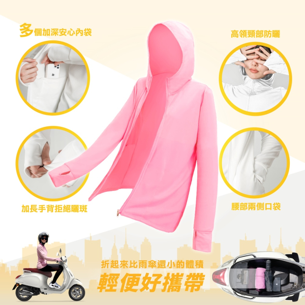高透氣抗UV連帽防曬外套細節重點圖，顯示帽緣拉鍊與騎車遮陽防護情境