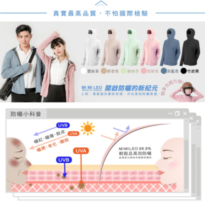 MI MI LEO 竹炭連帽防曬外套 多色系展示與防曬原理示意，說明紫外線阻隔概念