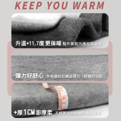 KEEP YOU WARM 保暖刷毛厚度與升溫資訊圖，捲起布料與量尺展示