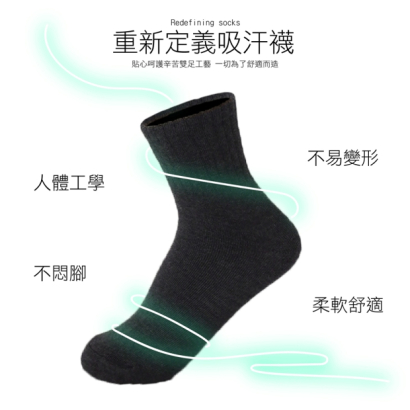 MI MI LEO 重新定義吸汗襪示意圖，黑色襪款機能標示